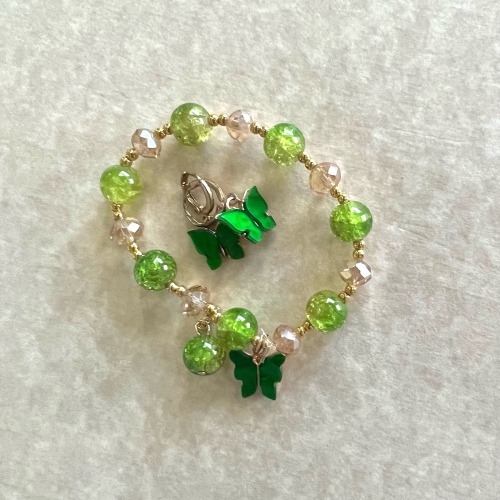 Green Beaded Bracelet with Green Butterfly Charm & Green Butterfly Earrings